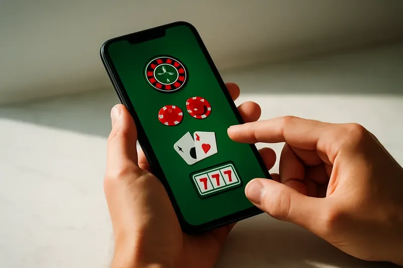 Close-up of hands holding smartphone with casino app on marble surface