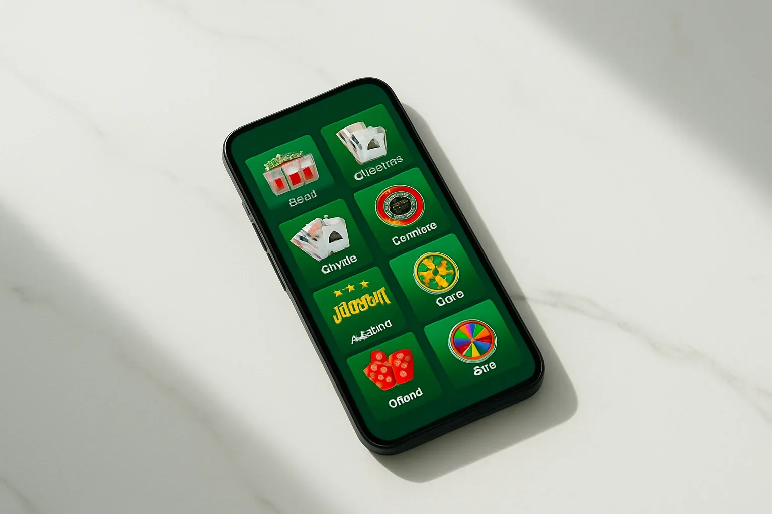 Casino App Flatlay Smartphone on white marble showing bright casino game selection grid