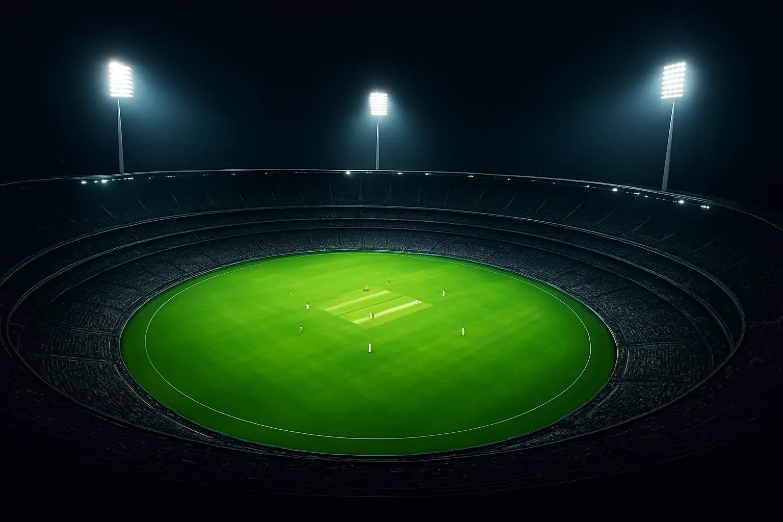 Cricket Stadium Night Aerial view of cricket stadium at night with bright floodlights