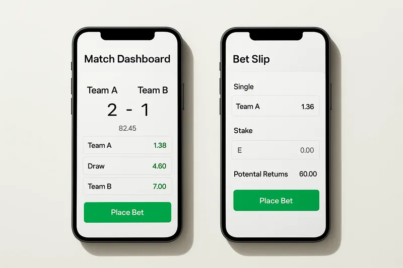 Two smartphones showing match dashboard and bet slip on cream surface