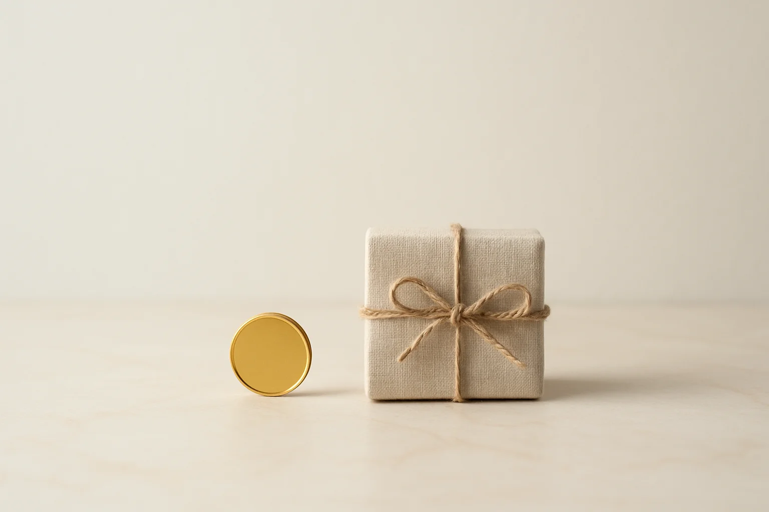 Single gold coin beside small unwrapped gift box on cream marble