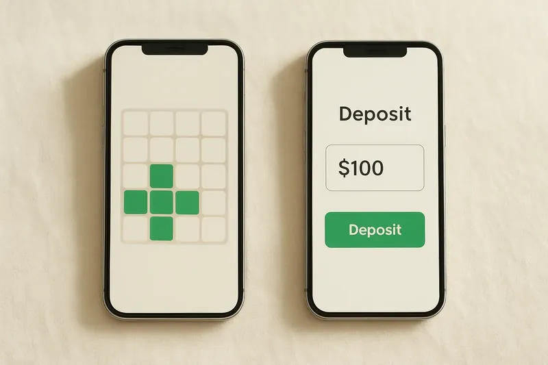Two smartphones on cream background showing game grid and deposit screen