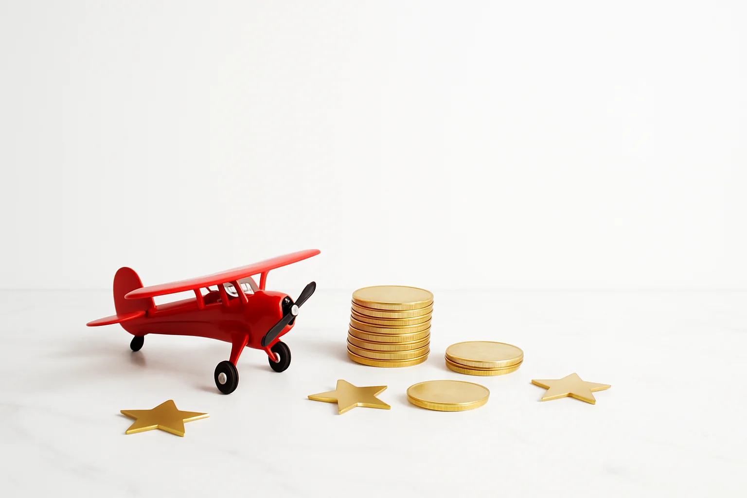 Red Airplane Tokens Miniature red airplane model with gold coins and star tokens on marble