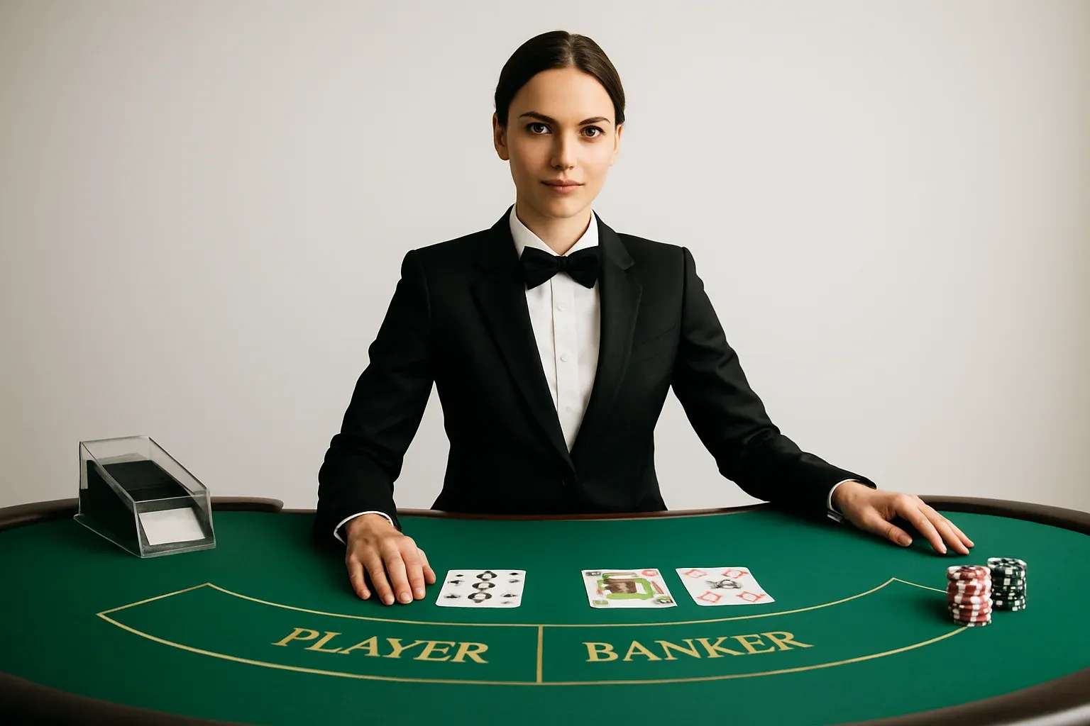 Professional female dealer at elegant live baccarat table in casino