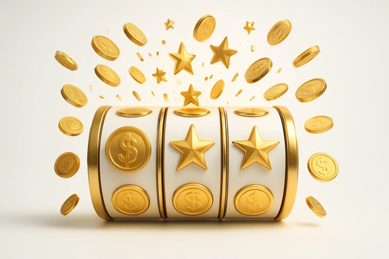 Colorful slot machine reels with gold symbols, coins, and exploding stars
