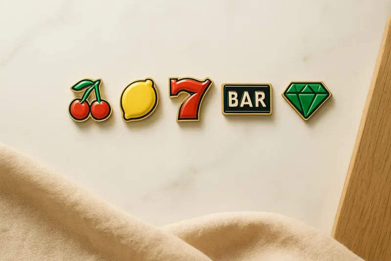 Five polished slot symbols in a neat row on white marble
